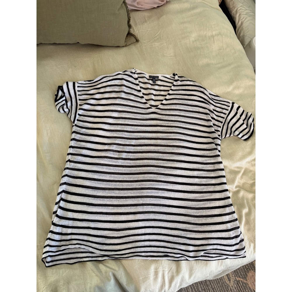 Eileen Fisher Black & White Striped V-Neck Short Sleeve Top XL/TG‎ Organic Linen